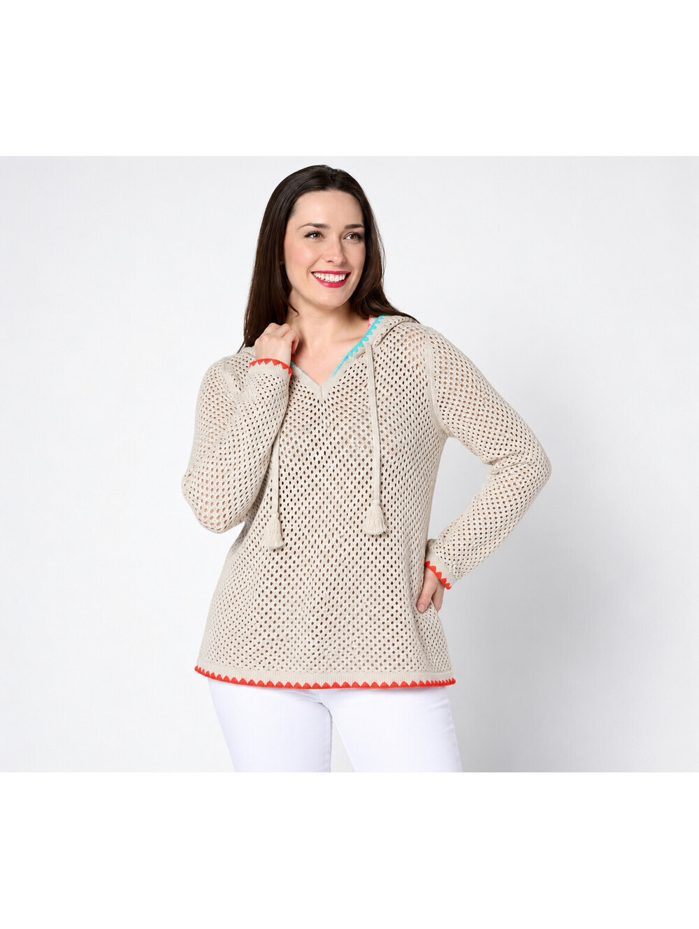 Belle Beach by Kim Gravel 100% Cotton Open Stitch Hoodie w/ Trim Sand Bar, 1X